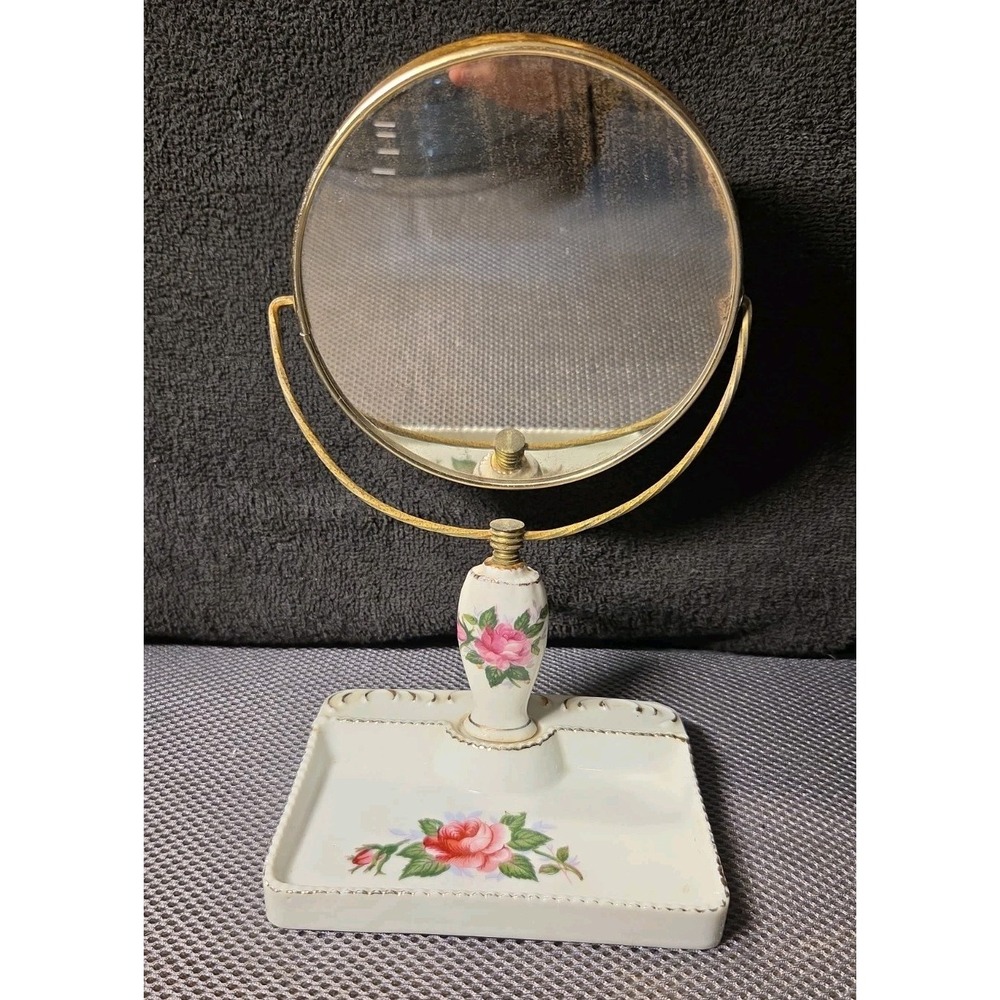 Vintage 1940s Double Sided Glass Magnifier Porcelain Floral Vanity Mirror